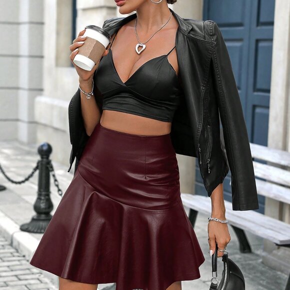 Burgundy Casual Women's Fashion Faux Leather Ruffle Hem Skirt - Picture 5 of 7